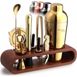 Mixology & Craft Cocktail Shaker Set with Dark Bamboo Stand - Professional 10-Piece Bartender Kit - Complete Bar Set & Cocktail Mixer Kit for Home (Gold)
