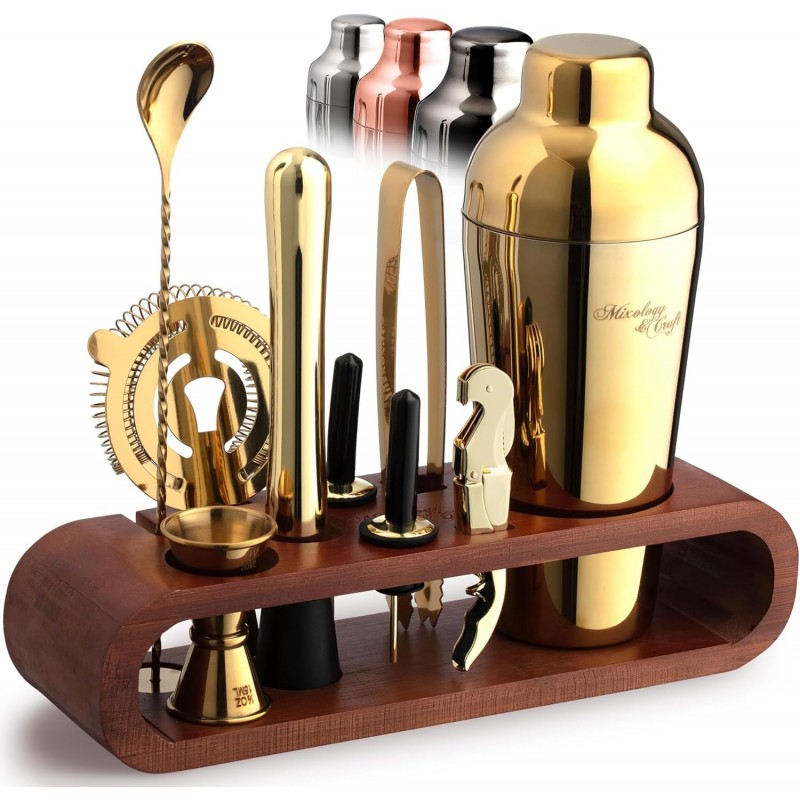 Mixology & Craft Cocktail Shaker Set with Dark Bamboo Stand - Professional 10-Piece Bartender Kit - Complete Bar Set & Cocktail Mixer Kit for Home (Gold)
