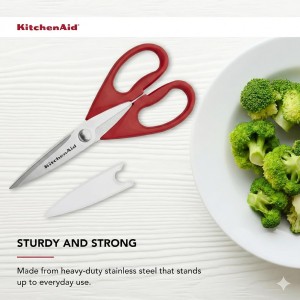 KitchenAid All Purpose Kitchen Shears with Protective Sheath Durable Stainless Steel Scissors, Dishwasher Safe, Soft Grip Comfort Handle, 8.72 Inch, Red