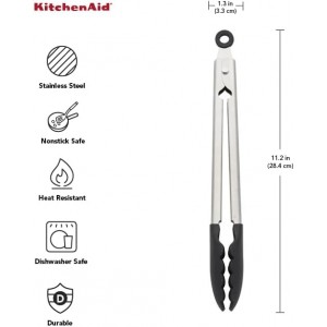 KitchenAid Silicone Tipped Stainless Steel Tongs, 12 Inch, Black