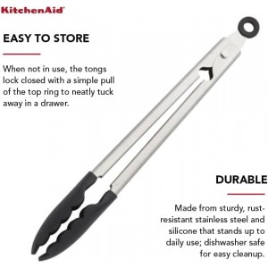 KitchenAid Silicone Tipped Stainless Steel Tongs, 12 Inch, Black