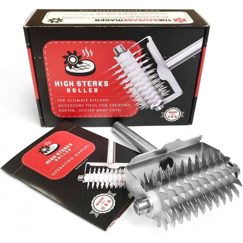 The Sausage Maker - High Steaks Roller Meat Tenderizer Tool (Manual) Razor Sharp Stainless-Steel Rollers for Optimal Tissue Penetration on Thick, Tender Red Cuts | No Hammer or Mallet Needed
