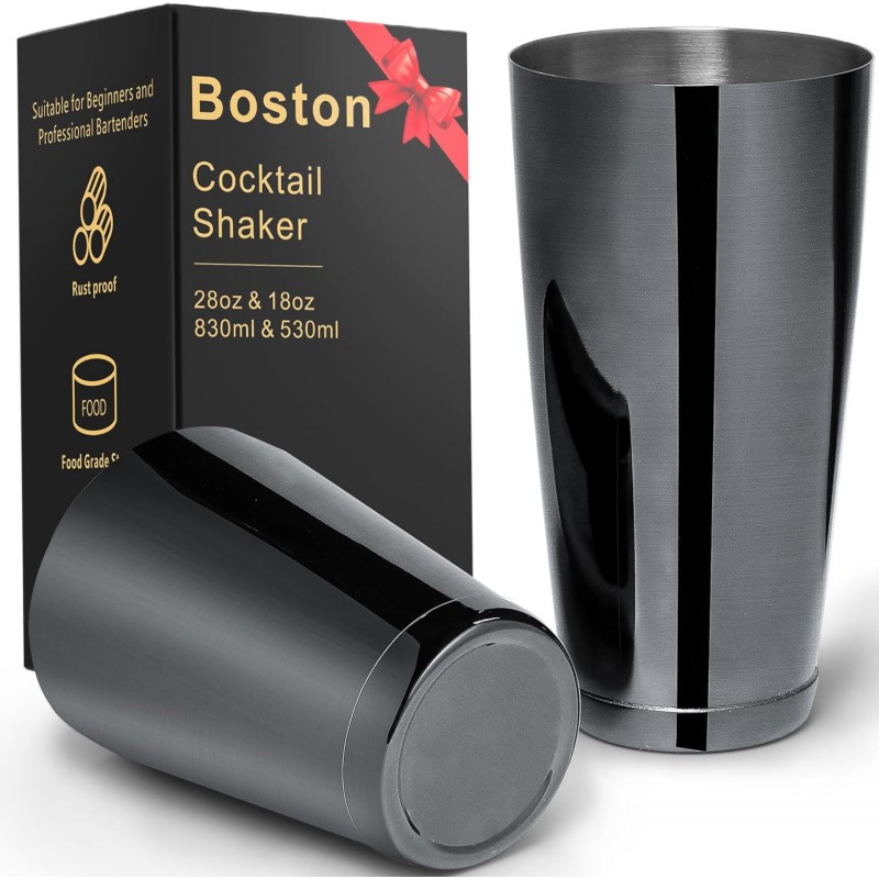 Stainless Steel Cocktail Shaker 2 Piece 18oz Unweighted & 28oz Weighted Professional Bartender Boston Shaker Drink Mixer for Bartending Essential Bar Tools - BLACK