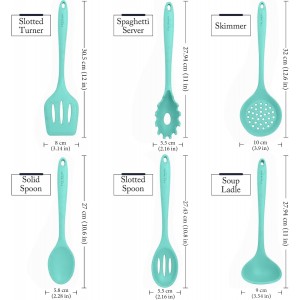 Culinary Couture Aqua Sky Silicone Cooking Utensils Set - Sturdy Steel Inner Core - Spatula, Mixing & Slotted Spoon, Ladle, Pasta Server, Drainer - Heat Resistant Kitchen Tools - Bonus Recipe Ebook