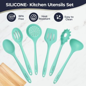 Culinary Couture Aqua Sky Silicone Cooking Utensils Set - Sturdy Steel Inner Core - Spatula, Mixing & Slotted Spoon, Ladle, Pasta Server, Drainer - Heat Resistant Kitchen Tools - Bonus Recipe Ebook