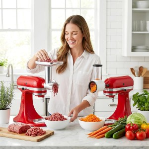 Meat Grinder and Cheese Grater Attachment for KitchenAid Stand Mixer, Slicer Shredder & Meat Grinder with Sausage Stuffer, 2 Pcs for KitchenAid Accessories and Attachments