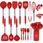 Silicone Cooking Utensil Set,Kitchen Utensils 26 Pcs Set,Non-stick Heat Resistant Silicone,Cookware with Stainless Steel Handle - Red