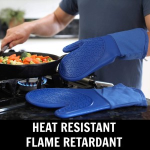 BPA-Free Soft Silicone 4 Piece Oven Mitts & Trivets Set - Ultra Heat Resistant Oven Mitts with Thick Cotton Liner - Long Slip Resistant Pot Holders, Flexible Oven Gloves - Royal Blue