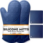 BPA-Free Soft Silicone 4 Piece Oven Mitts & Trivets Set - Ultra Heat Resistant Oven Mitts with Thick Cotton Liner - Long Slip Resistant Pot Holders, Flexible Oven Gloves - Royal Blue