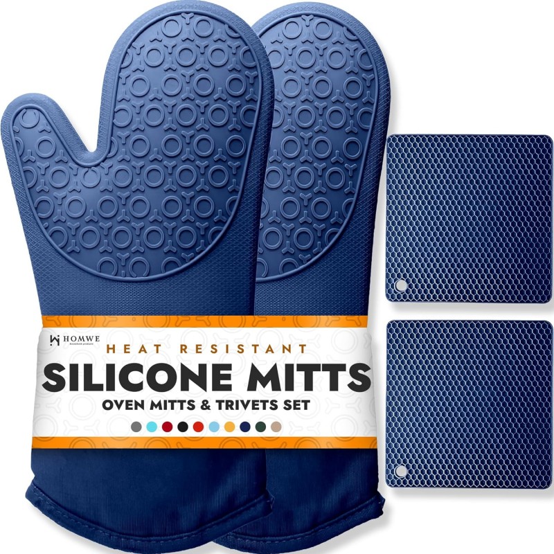 BPA-Free Soft Silicone 4 Piece Oven Mitts & Trivets Set - Ultra Heat Resistant Oven Mitts with Thick Cotton Liner - Long Slip Resistant Pot Holders, Flexible Oven Gloves - Royal Blue