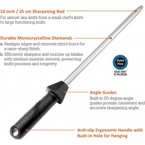 SHARPAL 119N Diamond Sharpening Steel – Professional Solid Knife Sharpener Honing Rod with Built-In Angle Guides, Sharpens, Realigns, and Polishes Edges for Chef and Kitchen Knives