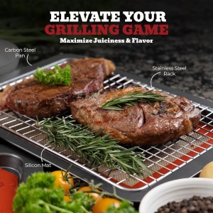 Trinity Provisions Meat Resting Pan - With Wire Rack and Silicone Baking Mat - Dishwasher and Oven Safe Stainless Steel, for Cooking and Cooling Steak, BBQ, Bacon, & More