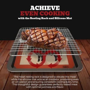 Trinity Provisions Meat Resting Pan - With Wire Rack and Silicone Baking Mat - Dishwasher and Oven Safe Stainless Steel, for Cooking and Cooling Steak, BBQ, Bacon, & More