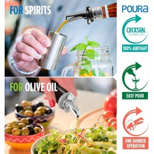 3-in-1 Liquor Pour spout with Built-in Fruit Fly Protection - Dishwasher Safe Hygienic Alcohol Speed Spouts - Also for Olive Oil, Juice, Syrup. Black 6 Pack with 6 Adapters for Large Neck Bottles