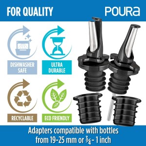 3-in-1 Liquor Pour spout with Built-in Fruit Fly Protection - Dishwasher Safe Hygienic Alcohol Speed Spouts - Also for Olive Oil, Juice, Syrup. Black 6 Pack with 6 Adapters for Large Neck Bottles