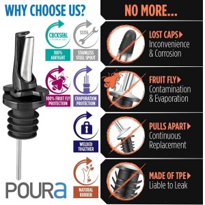 3-in-1 Liquor Pour spout with Built-in Fruit Fly Protection - Dishwasher Safe Hygienic Alcohol Speed Spouts - Also for Olive Oil, Juice, Syrup. Black 6 Pack with 6 Adapters for Large Neck Bottles