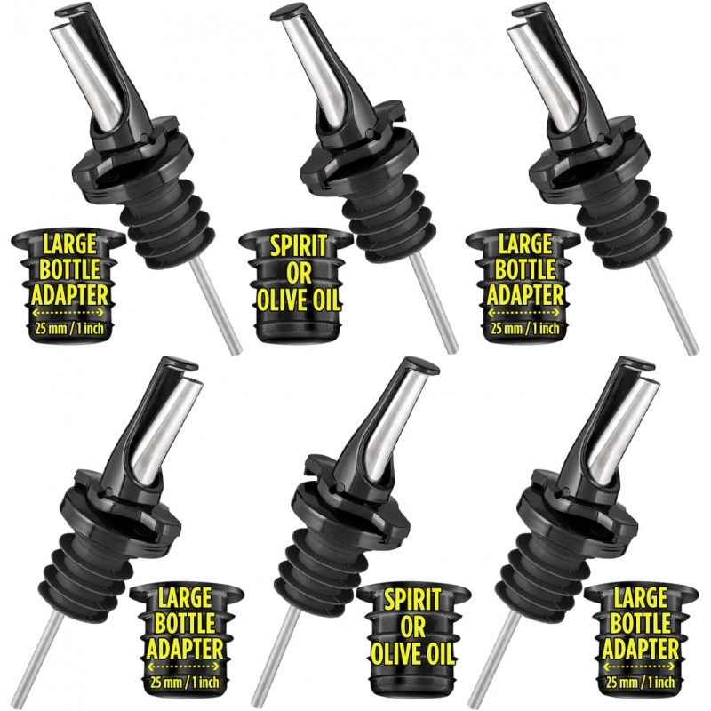 3-in-1 Liquor Pour spout with Built-in Fruit Fly Protection - Dishwasher Safe Hygienic Alcohol Speed Spouts - Also for Olive Oil, Juice, Syrup. Black 6 Pack with 6 Adapters for Large Neck Bottles
