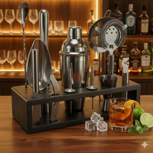 Highball & Chaser 13-Piece Cobbler Cocktail Shaker Set Stainless Steel Mixology Bartender Kit With Stand For Home Bar Cocktail Set | Laser Engraved Cocktail Tools | Plus Ebook with 30 Cocktail Recipes