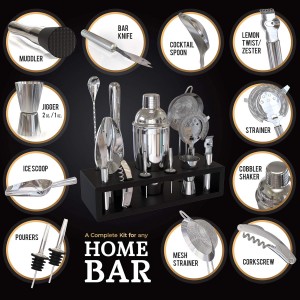 Highball & Chaser 13-Piece Cobbler Cocktail Shaker Set Stainless Steel Mixology Bartender Kit With Stand For Home Bar Cocktail Set | Laser Engraved Cocktail Tools | Plus Ebook with 30 Cocktail Recipes