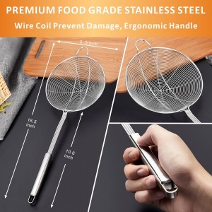 Yimi 16.5 Inch Spider Strainer | Stainless Steel Kitchen Cooking Skimmer with Double Hook Long Handle | Spiral Wire Spoon Ladle with Reinforced Double Coil for Cooking and Frying, Ideal for Gift