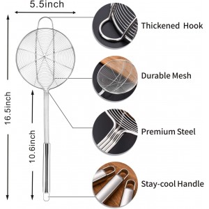 Yimi 16.5 Inch Spider Strainer | Stainless Steel Kitchen Cooking Skimmer with Double Hook Long Handle | Spiral Wire Spoon Ladle with Reinforced Double Coil for Cooking and Frying, Ideal for Gift