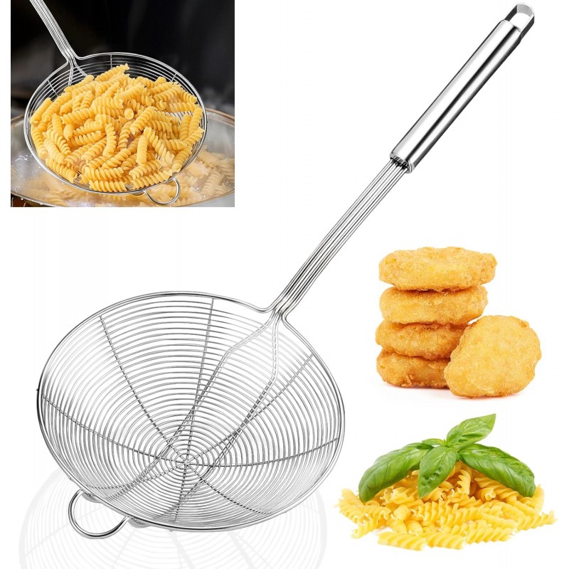Yimi 16.5 Inch Spider Strainer | Stainless Steel Kitchen Cooking Skimmer with Double Hook Long Handle | Spiral Wire Spoon Ladle with Reinforced Double Coil for Cooking and Frying, Ideal for Gift