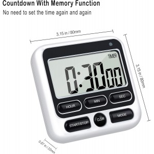 KTKUDY Digital Kitchen Timer with Mute/Loud Alarm Switch ON/Off Switch, 12-Hour Clock & Alarm, Memory Function Count Up & Count Down for Kids Teachers Cooking, Large LCD Display, Strong Magnet (Black)