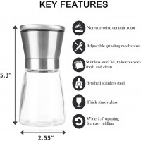 Manual Salt or Pepper Grinder for Professional Chef, Best Spice Mill with Stainless Steel Cap, Ceramic Blades and Adjustable Coarseness, Refillable Glass Body with 6OZ Capacity