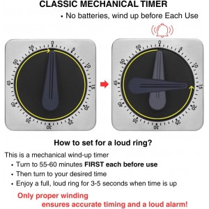 Searon Mechanical Kitchen Timer Magnetic with Loud Alarm, 60-Minute Manual Wind Up Analog Countdown Timer with Stainless Steel Scale, No Batteries for Chef Cooking, Baking, Egg, Oven, Seniors