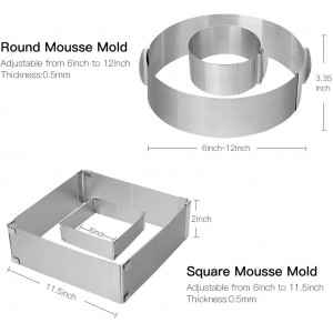Adjustable Cake Ring 2 Pack, 6 to 12 Inch Stainless Steel Mousse Cake Mold Ring with scaling for Kitchen DIY Pastry, Square and Round