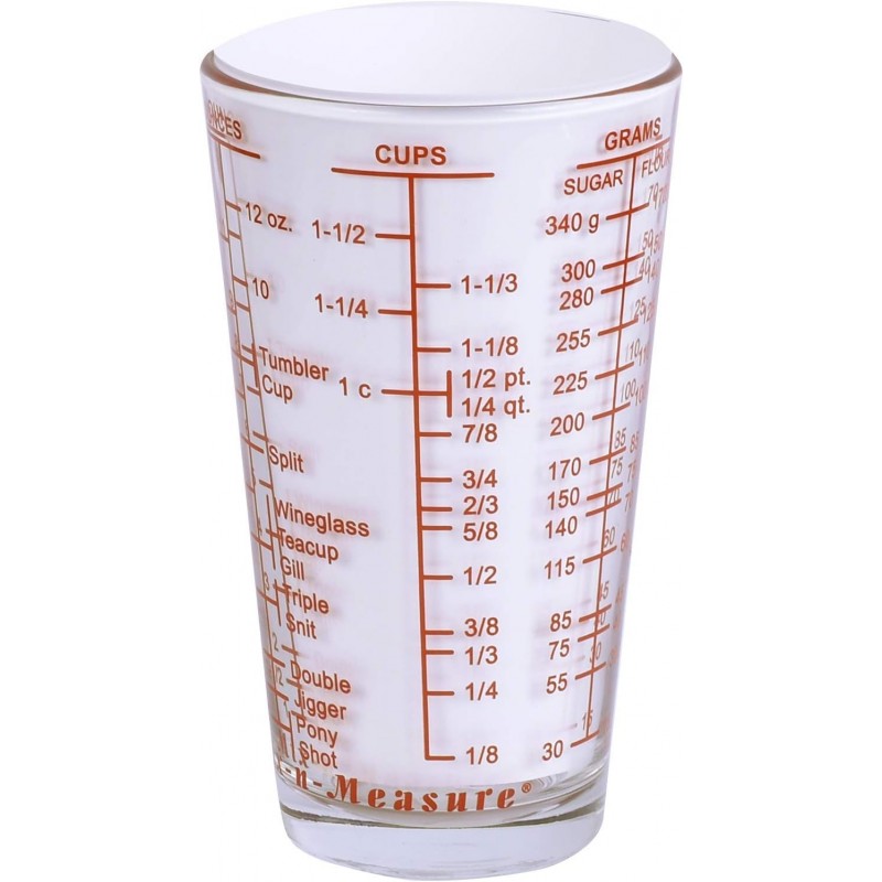 Kolder Mix N Measure Glass, Multi-Purpose Liquid and Dry Measuring Cup, 6 Units of Measurement, Heavy Glass, Red