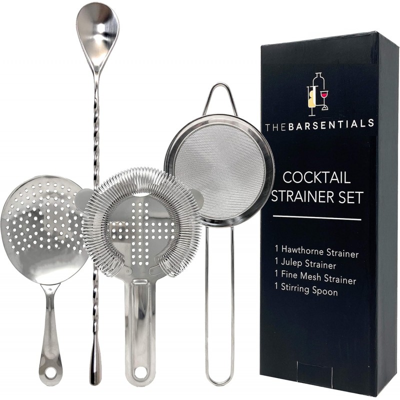 Cocktail Strainer Set Stainless Steel Bar Tools with Stirring Spoon - Hawthorne, Julep, & Fine-Mesh Sifter for Drinks
