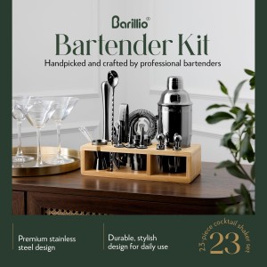 Barillio Black Bartender Kit - Stainless-Steel Cocktail Shaker Set w/Bamboo Stand - Mixology Bar Tools w/Drink Shaker, Mixer Spoon & Muddler for Cocktails - Home Bar Accessories - 23-Pc Bar Set