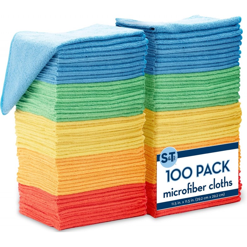 S&T INC. 100 Pack Microfiber Cleaning Cloth, Bulk Towels for Home, Reusable Microfiber Towels for Cars, Cleaning Rags, Assorted, 11.5 Inches x 11.5 Inches, 100 Count