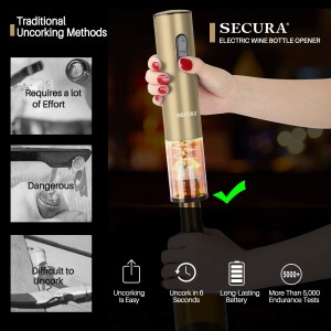 Secura Electric Wine Opener, Automatic Bottle Corkscrew Opener with Foil Cutter, Rechargeable (Champagne Gold)