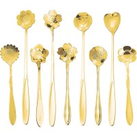 9 Pcs Flower Spoon Coffee Teaspoon Set, ESRISE Stainless Steel Tea Spoon for Tea Party Decorations (Gold)