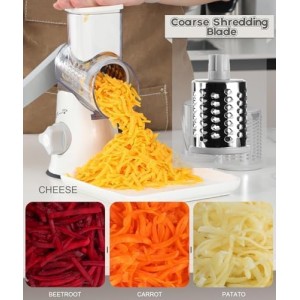 Ourokhome Rotary Cheese Grater Hand Crank, Kitchen Shredder Speed Mandolin Slicer Nuts Grinder with Handle and Drum Blades for Cheese, Vegetable, Walnuts, Chocolate, Potato, Carrot, 3 Blades, White