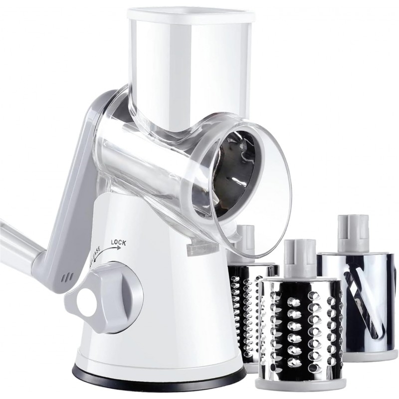 Ourokhome Rotary Cheese Grater Hand Crank, Kitchen Shredder Speed Mandolin Slicer Nuts Grinder with Handle and Drum Blades for Cheese, Vegetable, Walnuts, Chocolate, Potato, Carrot, 3 Blades, White