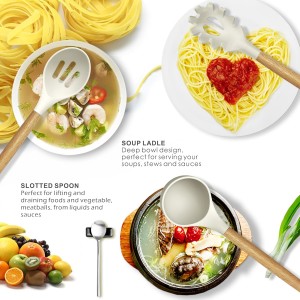 oannao Silicone Cooking Utensils Set - 446°F Heat Resistant Silicone Kitchen Utensils for Cooking,Kitchen Utensil Spatula Set w Wooden Handles, BPA FREE Gadgets for Non-Stick Cookware (Khaki)