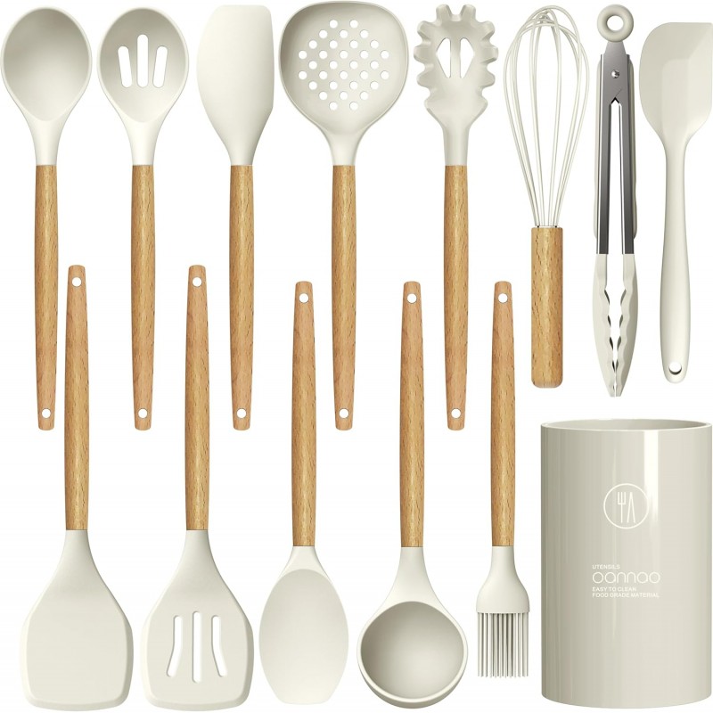 oannao Silicone Cooking Utensils Set - 446°F Heat Resistant Silicone Kitchen Utensils for Cooking,Kitchen Utensil Spatula Set w Wooden Handles, BPA FREE Gadgets for Non-Stick Cookware (Khaki)