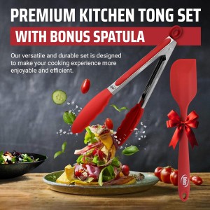 Kaluns Kitchen Tongs for Cooking Grilling Set of 4, BBQ Grill Tongs With Silicone Tip Stainless Steel Heat Resistant, Non-stick Pull Lock, Incl 7, 9, 12 Inch Tong Plus a Silicone Spatula