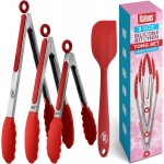 Kaluns Kitchen Tongs for Cooking Grilling Set of 4, BBQ Grill Tongs With Silicone Tip Stainless Steel Heat Resistant, Non-stick Pull Lock, Incl 7, 9, 12 Inch Tong Plus a Silicone Spatula