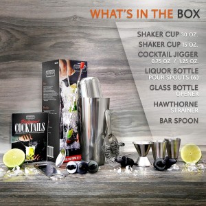 NutriChef Mixology Bartender Cocktail Shaker Set - Includes 15 & 30 oz Stainless Steel Shakers, 6 Bottle Pourers & More - Essential Martini Making Kit - Drink Mixing Set - 15 Piece Cocktail Bar Set