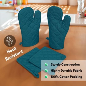 Native Fab Pot Holders and Oven Mitts Sets for Kitchen Heat Resistant - Hanging Non-Slip - 100% Cotton Kitchen Oven Mitts and Pot Holders 4 Piece Set - Teal