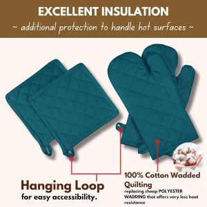 Native Fab Pot Holders and Oven Mitts Sets for Kitchen Heat Resistant - Hanging Non-Slip - 100% Cotton Kitchen Oven Mitts and Pot Holders 4 Piece Set - Teal