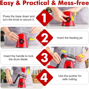 Cheese Grater Rotary, Rotary Grater for Kitchen, Kitchen Grater Vegetable Slicer with 3 Drum Blades, Fast Cutting Cheese Shredder for Vegetables and Nuts