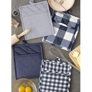 DII Gingham Check Kitchen Collection, Navy, Potholder Set