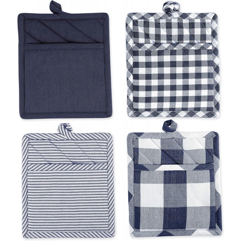 DII Gingham Check Kitchen Collection, Navy, Potholder Set