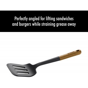 STAUB Silicone Spatula Turner, Perfectly Angled for Lifting Pancakes, Sandwiches and Picking up Veggies Durable BPA-Free Matte Black Silicone, Acacia Wood Handles, Safe for Nonstick Cooking Surfaces