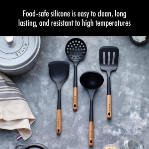 STAUB Silicone Spatula Turner, Perfectly Angled for Lifting Pancakes, Sandwiches and Picking up Veggies Durable BPA-Free Matte Black Silicone, Acacia Wood Handles, Safe for Nonstick Cooking Surfaces